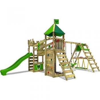 Parque infantil de madera RiverRun con columpio SurfSwing, tobogán, casita de juegos, arenero y escalera - verde manzana
