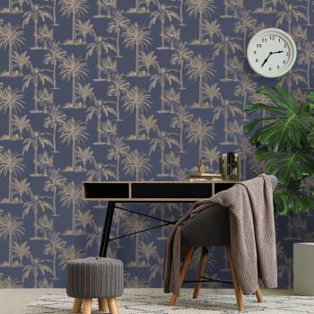 Papel pintado DUTCH WALLCOVERINGS Árboles tropicales Azul y plata