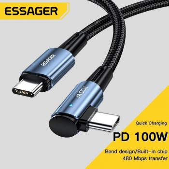 Cable USB Tipo C a Tipo C 100W 60W con Ángulo de 90 Grados para iPad, MacBook Pro, Xiaomi, Samsung y Huawei - Carga Rápida y Transferencia de Datos - 1m Negro