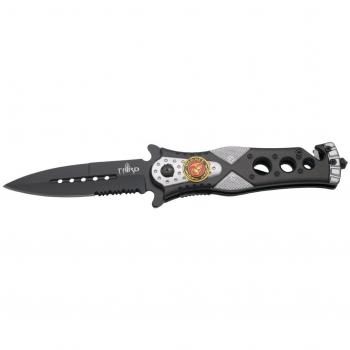 Navaja de seguridad Third K2775GYS con mango de aluminio en color Gris/Negro y emblema Marines, hoja de acero inoxidable de 10,1 cm con sierra - Incluye funda, cutter y punta rompevidrio