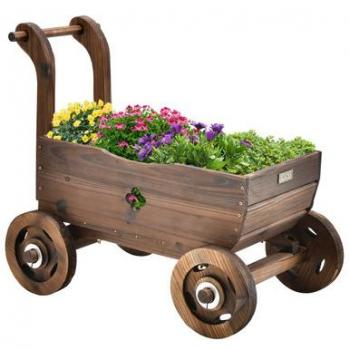 Rustic Wooden Wagon Plant Stand and Flower Pot Holder