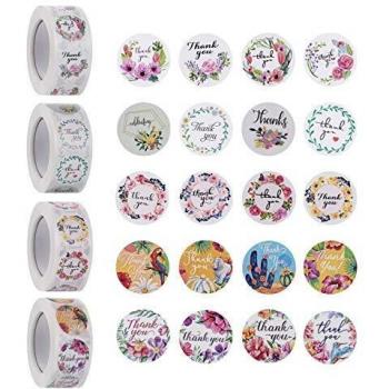 Vicloon 4 Rolls 2000pcs Pegatinas de Thank You Pegatina Gracia, Etiqueta Edondas de Agradecimiento con 20 Tipos de Flores, Autoadhesivas Gracias Etiqueta para Hornear, Bolsas de Regalo, Sobre de Boda