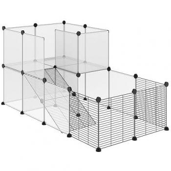 PawHut Jaula para Animales Pequeños Parque para Mascotas con 27 Paneles y Forma Personalizable para Cobayas, Conejos y Chinchillas 140x70x70 cm Transparente