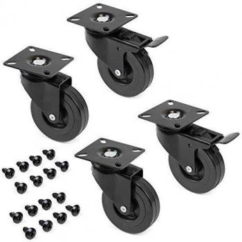 Emuca - Lote de 4 ruedas pivotantes para mueble Ø75mm con placa de montaje y rodamiento de bolas, ruedas de goma color negro.