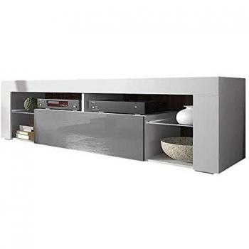 Mueble TV Bianko Moderno 140 cm Blanco Mate y Gris Brillo para Sala de Estar con Estantes de Vidrio