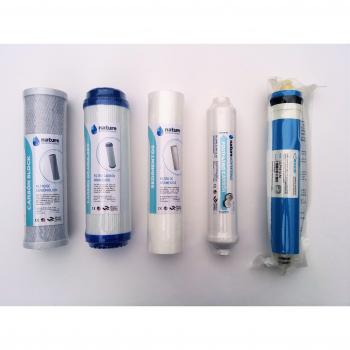 Kit de 4 Filtros Universales para Osmosis Inversa - Incluye Membrana Vontron y Rollo de Teflón - Ideal para Equipo de 5 Etapas Universal - 50GPD - Nature Water Professionals