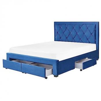 Cama con Almacenaje de Terciopelo Azul Marino 160 x 200 cm, Cabecero Alto Capitonné y Cajones - Modelo Lievin