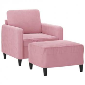 Sillón con taburete terciopelo rosa 60 cm, reposapiés incluido, asiento para salón, silla con respaldo y reposabrazos, sofá de relax