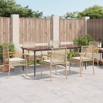 7-Piece Beige Poly Rattan Garden Dining Set with Cushions