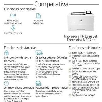 HP LaserJet Enterprise M507dn 1PV87A, Impresora A4 Monofunción Monocromo, Impresión a Doble Cara Automática, Gigabit Ethernet, USB 2.0, 2 Hosts USB 2.0, HP Smart App, Pantalla LCD, Blanca