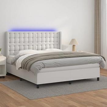Cama box spring colchón y LED cuero sintético blanco 160x200 cm