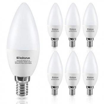 Bombillas de Vela LED E14 Kakanuo 6W Reemplazo 60W Lámpara Incandescente, Blanco Frío 5000 K 600 Lúmenes, No Regulable C37 Esmerilado E14 Base Candelabro Bombillas Pack de 6