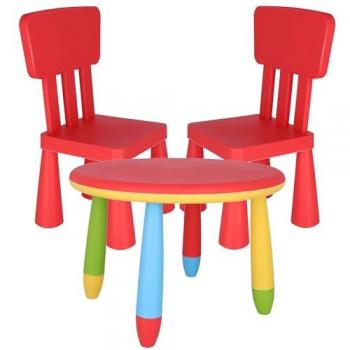 Wellhome Mesita Infantil Redonda Roja en Plástico Fuerte y Resistente con 2 Sillas, Ø70 x H.48cm, L:38 cm x F:35 cm x H:67 cm