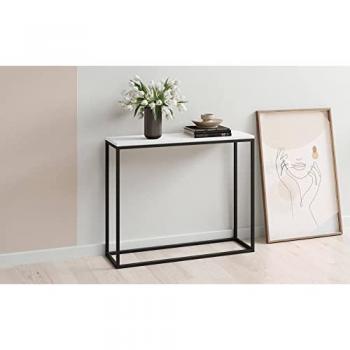 Mesa de cocina alta DMORA, auxiliar rectangular estilo industrial, patas de metal, 100x30h80 cm, color blanco mate