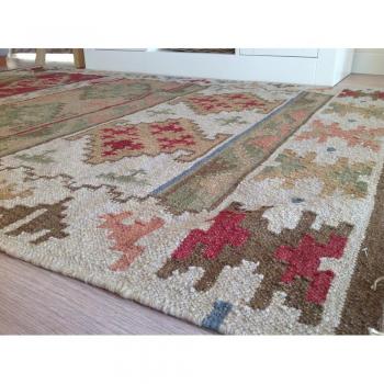 Comercio justo lana geométrico de Bikaner alfombra Kilim – verde mostaza rojo 120 cm x 180 cm