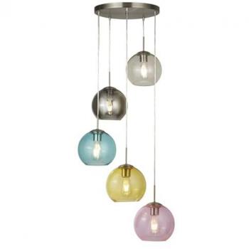Luz de techo contemporánea Mardi Gras 5 luces, tipo cluster, acabado en plata satinada con cristal coloreado en azul, rojo, amarillo y rosa, casquillo E27
