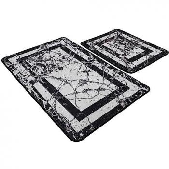 Set de Alfombras de Baño 2 Piezas Antibacteriano y Antideslizante en Terciopelo Suave - Blanco con Detalles Negros - Lavable a Máquina