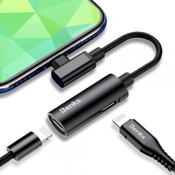 Benks U39 2 en 1 Audio Auriculares estéreo Adaptador, Dos en uno Type C 3.5 a USB Adaptador Lightning para iPhones XR XS MAX X / 8 Plus / 7 Plus / 6 S Plus/iPad [ Negro/Dual Lightning Puerto ]