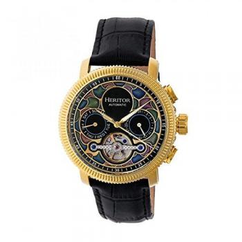 Heritor Automatic Aura Men's Semi-Skeleton Leather Watch - Black/Gold, Day/Date
