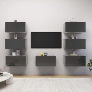 vidaXL Juego de muebles de salón 7 piezas aglomerado gris brillante Mueble TV 30,5x30x60 cm