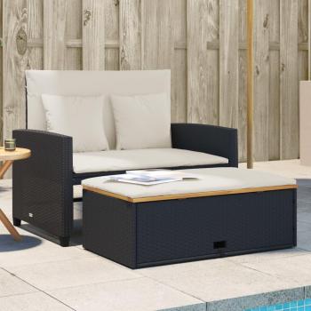 Black Poly Rattan & Acacia Wood 2-Seater Garden Sofa with Cushions