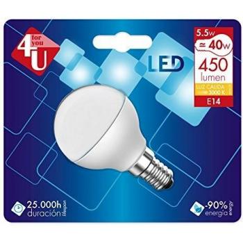 4U 400445 - Bombilla LED esférica, 5,5 W, rosca E14, 3000 K, luz cálida, 450 lm, 25000 h