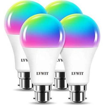 LVWIT Bombillas LED Inteligente WiFi Regulable 12W 1521Lm, Lámpara B22 Multicolor Bombilla Compatible con Alexa, Google Home Assistant y App Smart Life/Tuya, A70 Equivalente a 100W RGB, 4 Pcs.