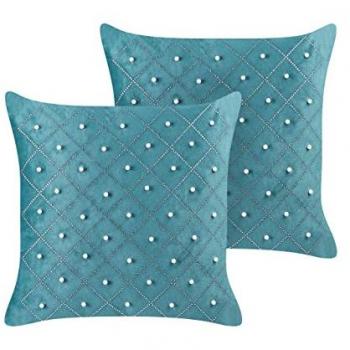 Set de 2 cojines de terciopelo teal 45 x 45 cm con elementos decorativos glamorosos