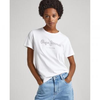 Camiseta de mujer Pepe Jeans Hailey Blanco con logo de strass
