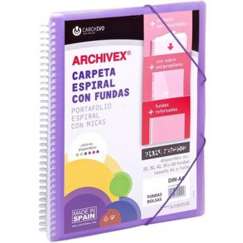 Carpeta con Espiral y Fundas Archivex-Star Canguro, 50 Hojas, Polipropileno, Tamaño Din-A4, Color Violeta