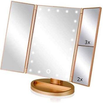 Espejo de Maquillaje con LED,Espejo de Maquillaje Tríptico con Aumento 1x, 2X, 3X, Espejo Cosmético Pantalla Táctil en Iluminacíon 21 Led, Adjustable 180º