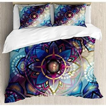 Juego de sábanas de 3 piezas Lotus Juego de funda nórdica, Símbolos místicos diagonales degradados Geométrico Alquimia Trippy Motivo étnico con adornos, Juego de fundas de edredón / Qulit de 3 piezas