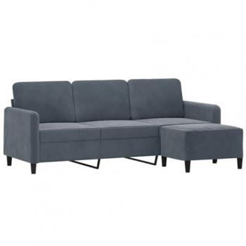 Sofá de 3 plazas con taburete en terciopelo gris oscuro 180 cm, asiento con respaldo y reposabrazos, ideal para salón y descanso