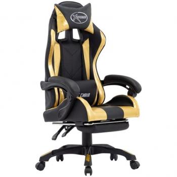 Sillón giratorio para ordenador con reposapiés dorado y simil piel dorada - Helloshop26