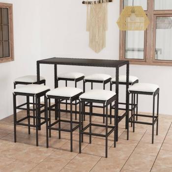 Conjunto de Jardín 9 Piezas con Almohadas de Polyrattan Negro