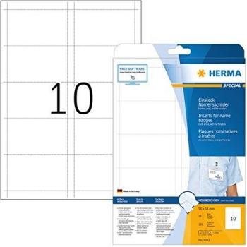 Tarjetas de Identificación HERMA, 90 x 54 mm, 250 Piezas, Cartón No Adhesivo, Blancas