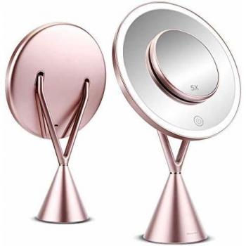 Espejo de Maquillaje, Espejo de Aumento 1x/5x con Luz LED de Pantalla Táctil y Carga USB, con Diseño de Tres Modos de Luz Ajustable - Soporte Ajustable de 45 Grados -Oro Rosa 210 * 90 * 342mm