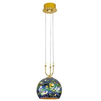 Lámpara colgante de diseño LUNA con cúpula de cristal, 2 luces y acabado en oro de 24 quilates, pantalla azul agua