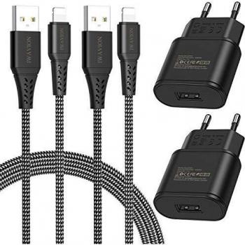 IWAVION Cargador para iPhone 11 Pro MAX XR XS XS MAX X 8 8 Plus 7 7 Plus 6s 6s Plus 6 6 Plus 5s 5 SE, 2X Cargador USB de Pared Movil Pared Enchufe Adaptador Cargador de Red USB + 2X Cable de Carga