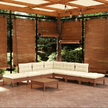 Juego de Sala de Jardín 8 piezas con cojines marrones ámbar y estructura de madera de pino