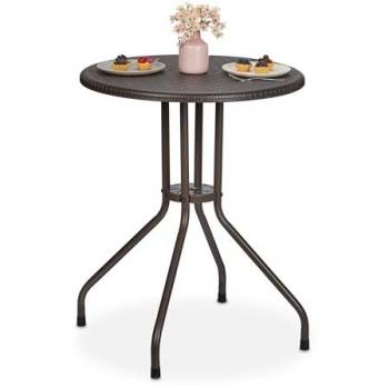 Mesa Jardín Redonda Efecto Ratán 73 x 60 cm, Plástico y Acero, para Exterior y Balcón, Marrón