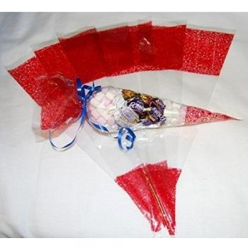 Pack of 250 - Red Pattern Clear Party Bags - Cone Cellophane Display Bags - 45 micron - 14.5 x 7