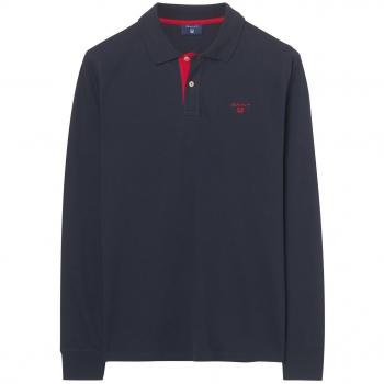 Gant Hombre Cuello Contraste Pique Rugger Polo de Manga Larga, Azul, XXL