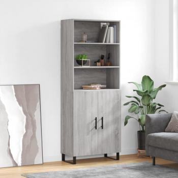 Aparador alto de madera contrachapada gris sonoma 69,5x34x180 cm con 2 puertas, mueble de almacenaje de salón, buffet para salón, armario auxiliar y armario de almacenamiento
