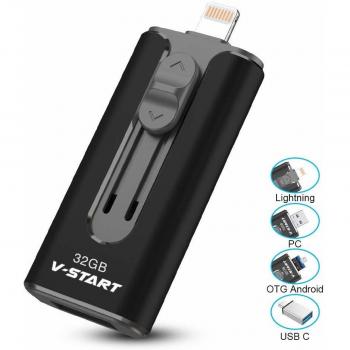 Memoria USB para iPhone Pendrive USB Tipo C Unidad Memoria Flash OTG Android Photosafe Stick V-START USB para iPhone iPad Samsung Huawei PC- 32GB Negro