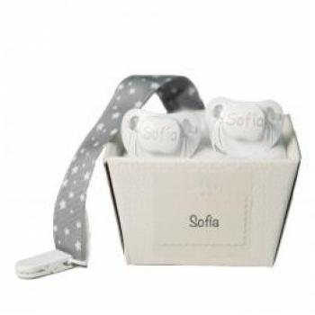 Canastilla personalizada con 2 chupetes y sujetachupete en color gris