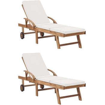 Teak Wood Cream Sun Loungers with Cushions - Set of 2
