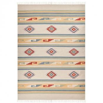 Alfombra Kilim de Algodón Beige y Marrón 200 x 300 cm Tejida a Mano con Símbolos Geométricos Reversible y Borlas