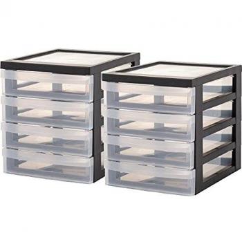 Iris Ohyama - Conjunto de 2 mini torres de almacenamiento / organizadores de escritorio con 4 cajones - Cofre de diseño - DC-A5, plástico, negro / transparente, 4 x 1.5 L, 25.8 x 19.1 x 22 cm