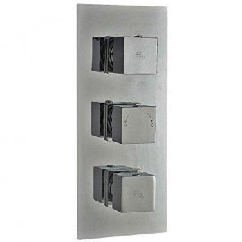 Hudson Reed Serie Kubix - Termostato Triple De Ducha/Bañera En Latón Cromado - Llave Mezcladora Empotrada - Batería Cuadrada de 2 Funciones - Protección Anti Quemaduras - Grifo Termostático Moderno